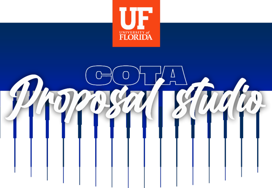 Blue, white, and orange logo for UF COTA Proposal Studio.